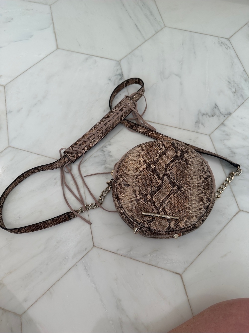 Elaine Turner Round Snake-Print Crossbody in Brown/Tan